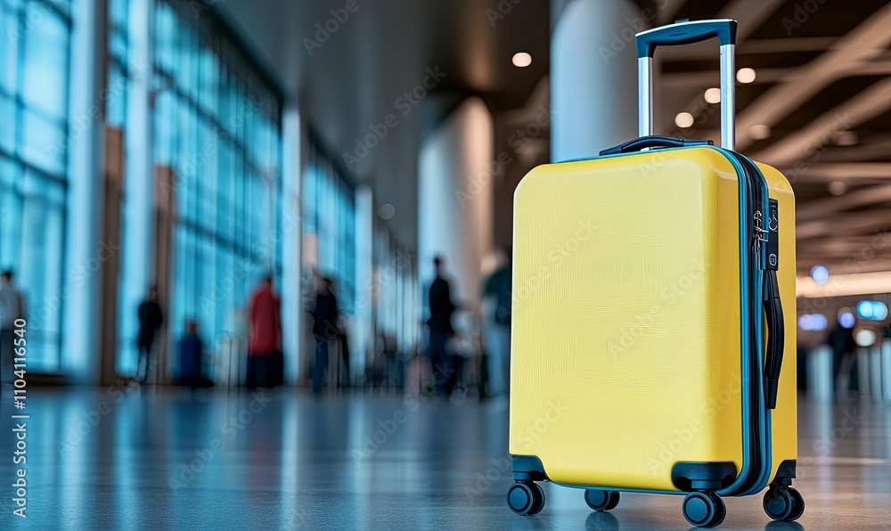 Bright yellow suitcase in an airport terminal. Bright yellow suitcase in an airport terminal.