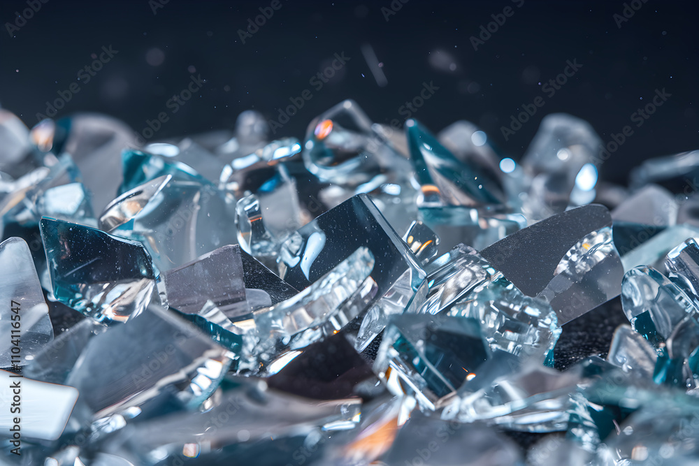 Environmental consideration recycling concept. Scattered shards of reflective glass with a dark background. Environmental consideration recycling concept. Scattered shards of reflective glass with a dark background.