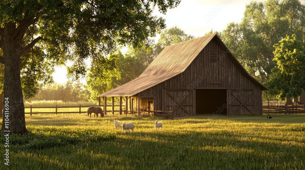 Rustic Barn Bathed in Golden Sunlight with Peaceful Grazing Farm Animals - Ultra-Detailed Farm Scene Rustic Barn Bathed in Golden Sunlight with Peaceful Grazing Farm Animals - Ultra-Detailed Farm Scene