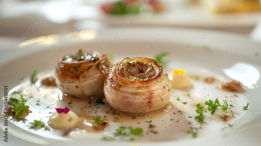 a white plate topped with two scallops covered in a creamy sauce The background is slightly blurred, giving the focus to the plate of food a white plate topped with two scallops covered in a creamy sauce The background is slightly blurred, giving the focus to the plate of food