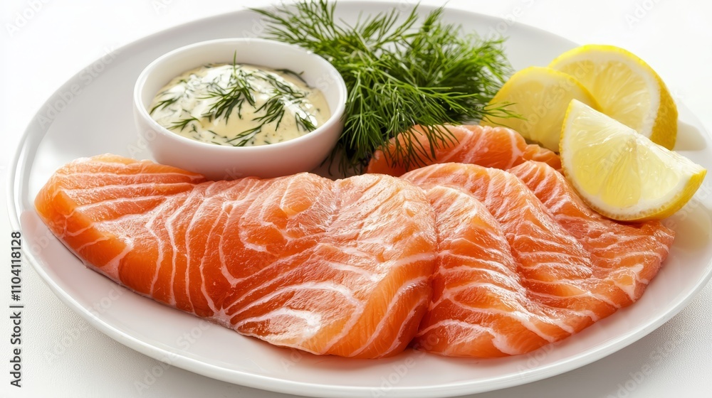 a white plate topped with a piece of salmon, lemon slices, and dilllies The salmon is a light pink color and the lemon slices are a bright yellow The dillies are a white plate topped with a piece of salmon, lemon slices, and dilllies The salmon is a light pink color and the lemon slices are a bright yellow The dillies are