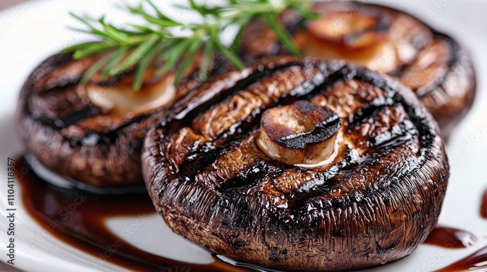 a plate of grilled portobello mushrooms with rosemary sprigs on a white plate, set against a blurred background The mushrooms are cooked to perfection, with a gold a plate of grilled portobello mushrooms with rosemary sprigs on a white plate, set against a blurred background The mushrooms are cooked to perfection, with a gold