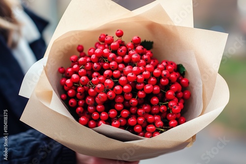 Bright red berries bundled in paper held by person photo