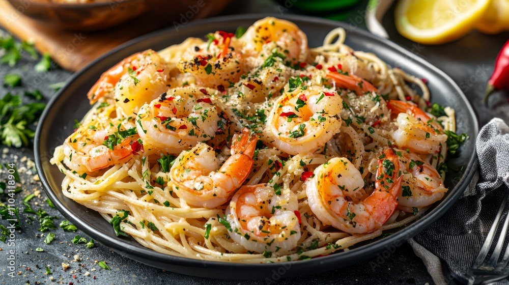 a plate of linguine with shrimp scampi, accompanied by a fork and a cloth On the table, there are lemons, red chilies, and other food items a plate of linguine with shrimp scampi, accompanied by a fork and a cloth On the table, there are lemons, red chilies, and other food items