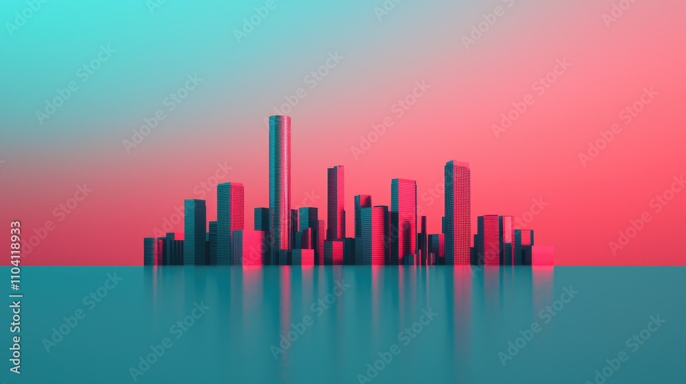 A vibrant digital cityscape featuring skyscrapers against a gradient of pink and blue hues, reflecting on a calm surface.