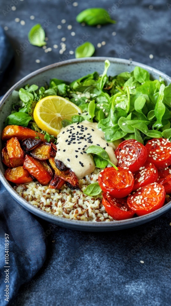 A vibrant bowl featuring grains, roasted vegetables, fresh greens, and a lemon slice. A vibrant bowl featuring grains, roasted vegetables, fresh greens, and a lemon slice.