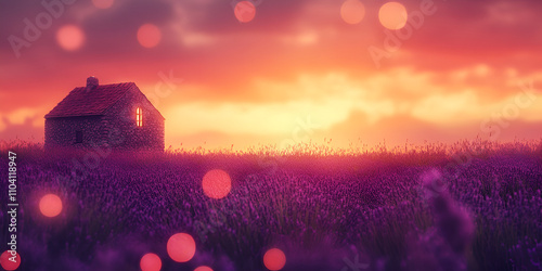 Lavender Field with Cottage at Sunset

 photo