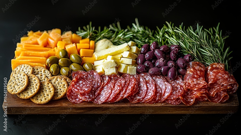 a wooden platter filled with a variety of meats, cheeses, olives, and crackers, all arranged in an aesthetically pleasing way The background is dark, creating a co a wooden platter filled with a variety of meats, cheeses, olives, and crackers, all arranged in an aesthetically pleasing way The background is dark, creating a co