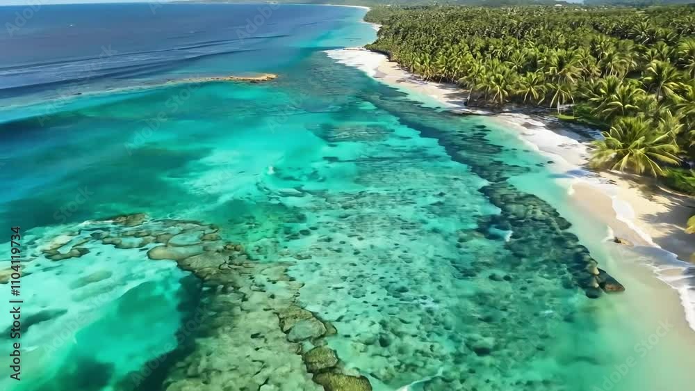 Breathtaking Aerial View of Tropical Beach with Crystal Clear Waters and Lush Palm Trees Overlooking Serenity Breathtaking Aerial View of Tropical Beach with Crystal Clear Waters and Lush Palm Trees Overlooking Serenity