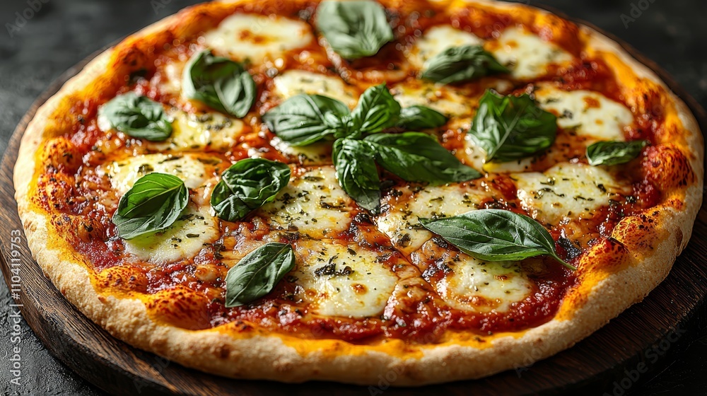 a pizza sitting on top of a wooden cutting board on a table The pizza is topped with mozzarella cheese and fresh basil leaves, giving it a delicious and inviting l a pizza sitting on top of a wooden cutting board on a table The pizza is topped with mozzarella cheese and fresh basil leaves, giving it a delicious and inviting l