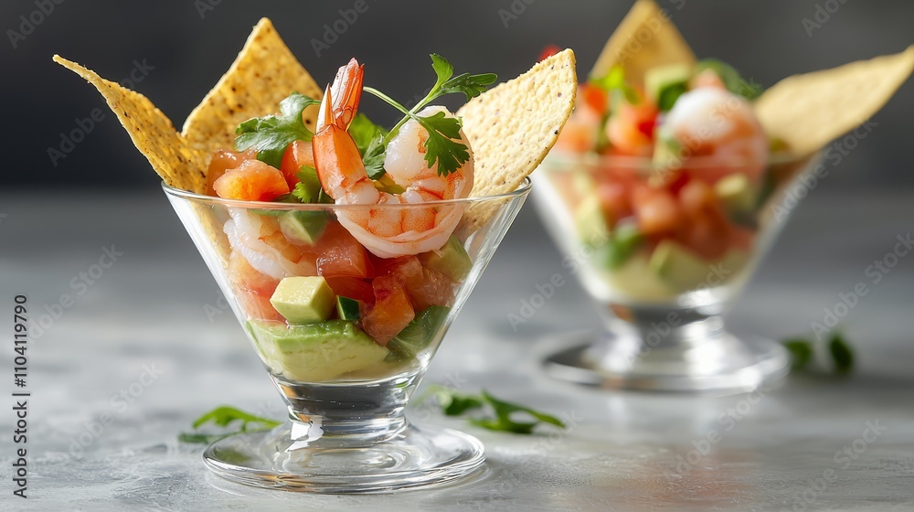 two glasses filled with shrimp and avocado salsa, accompanied by tortilla chips The background is slightly blurred, giving the focus to the food items in the glass two glasses filled with shrimp and avocado salsa, accompanied by tortilla chips The background is slightly blurred, giving the focus to the food items in the glass