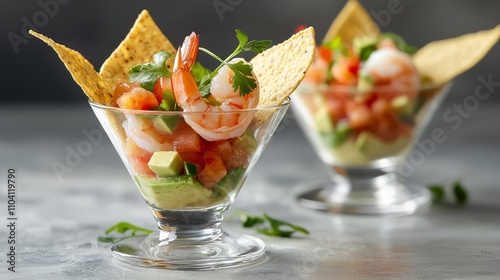  two glasses filled with shrimp and avocado salsa, accompanied by tortilla chips The background is slightly blurred, giving the focus to the food items in the glass