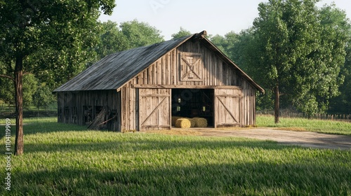 Photorealistic View of Rustic Barn with Open Door, Farm Tools, and Hay Bales in Lush Field - Ultra-Detailed Rural Scene