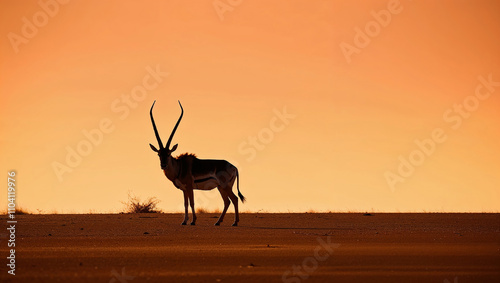 Silhouette of an antelope at sunset in a vast desert landscape. photo