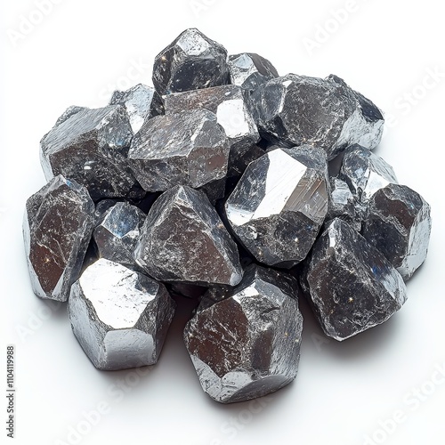 A clustered stack of sparkling silver nuggets with irregular forms and polished metallic surfaces forming a dense heap on a clean white background, Photorealistic photo