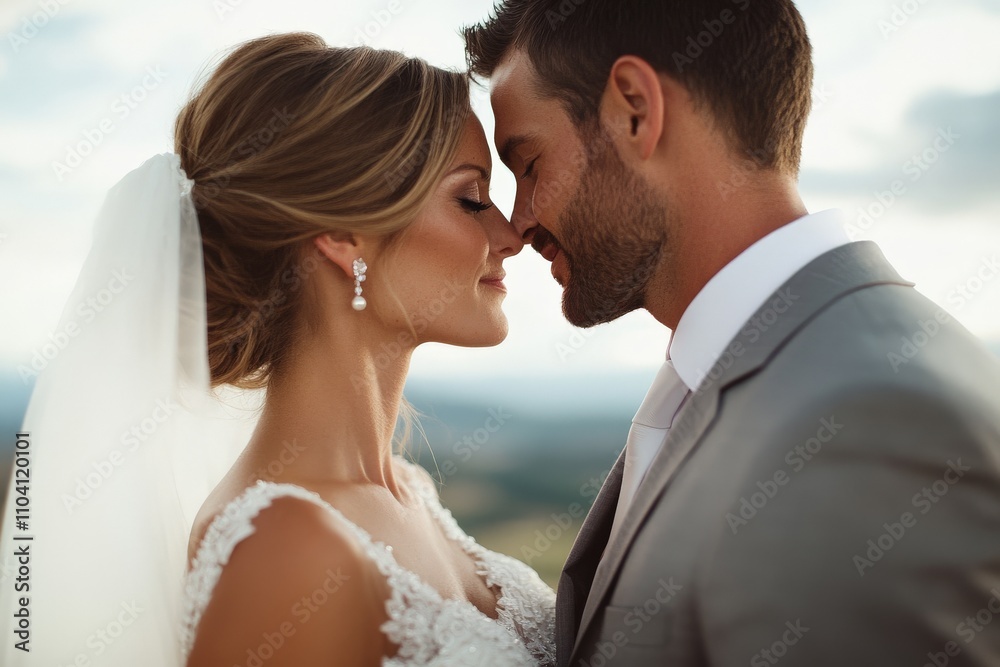 A bride and groom dressed elegantly, gently leaning their foreheads together in a moment of intimacy and affection, set against a soft-focus natural backdrop. A bride and groom dressed elegantly, gently leaning their foreheads together in a moment of intimacy and affection, set against a soft-focus natural backdrop.