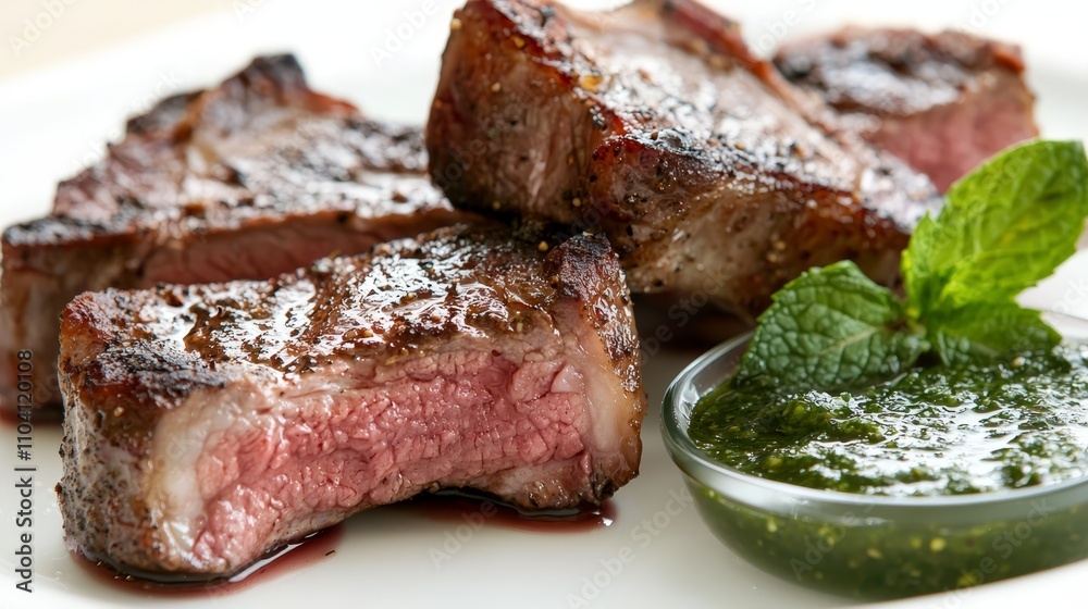 a white plate topped with a juicy steak and a bowl of chimichurri sauce, garnished with fresh mint leaves The steak looks succulent and juicy, and the sauce is a v a white plate topped with a juicy steak and a bowl of chimichurri sauce, garnished with fresh mint leaves The steak looks succulent and juicy, and the sauce is a v