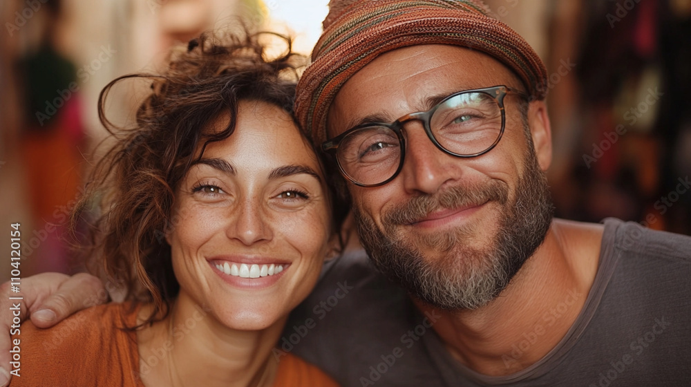 Smiling couple enjoying their cultural journey through Morocco, capturing the vibrant essence of the Moroccan lifestyle and colorful streets Smiling couple enjoying their cultural journey through Morocco, capturing the vibrant essence of the Moroccan lifestyle and colorful streets