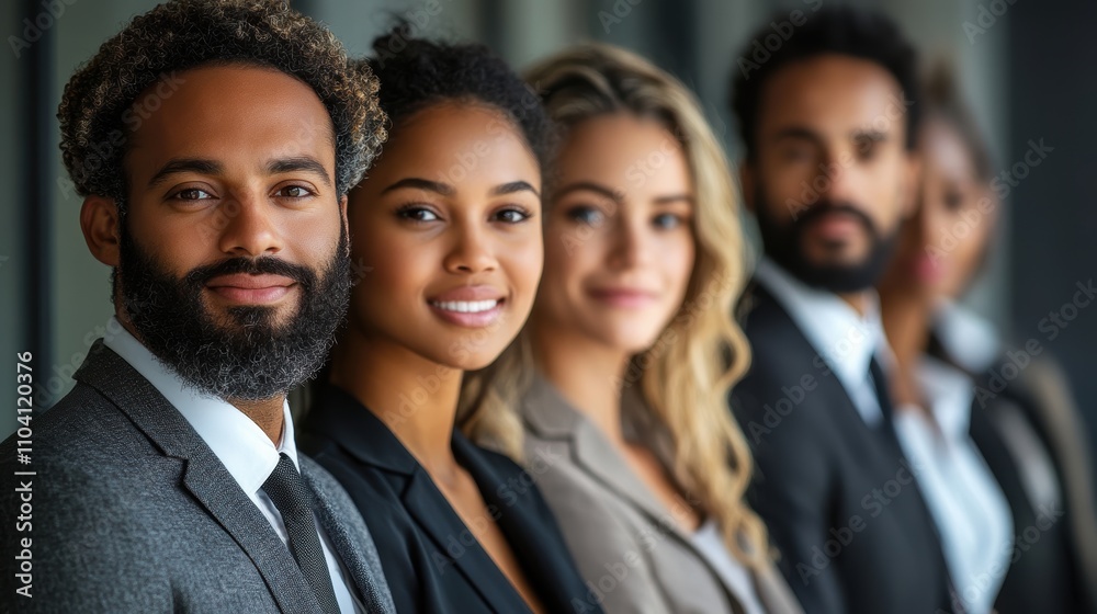 A diverse group of professionals in formal attire standing in a row, each with confident expressions, showcasing teamwork and diversity in a modern business environment A diverse group of professionals in formal attire standing in a row, each with confident expressions, showcasing teamwork and diversity in a modern business environment