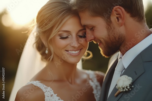 A bride and groom lovingly embrace in a warm glow during sunset on their wedding day, dressed elegantly with expressions of joy and love for each other.