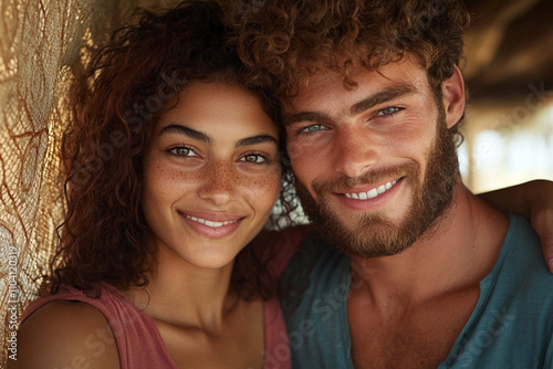 Smiling couple enjoying their trip in Morocco, embracing local culture and warm desert vibes, showcasing their happiness and connection during the adventure.