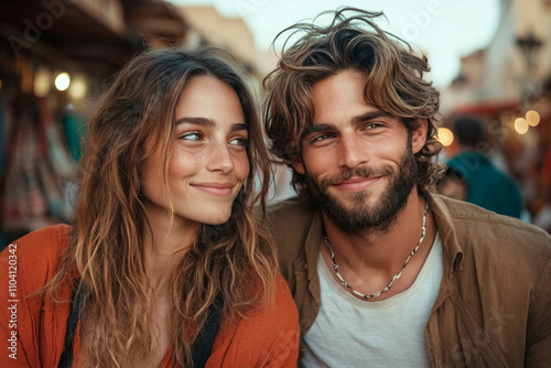 Smiling couple exploring Morocco, enjoying a romantic journey through vibrant markets and cultural landmarks, capturing their joyful travel experience together