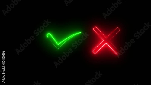 accept rejected for evaluation Modern icons style isolated on Black Background. Glowing Neon Animated True and False symbols. Glowing Neon X and Tick signs animations