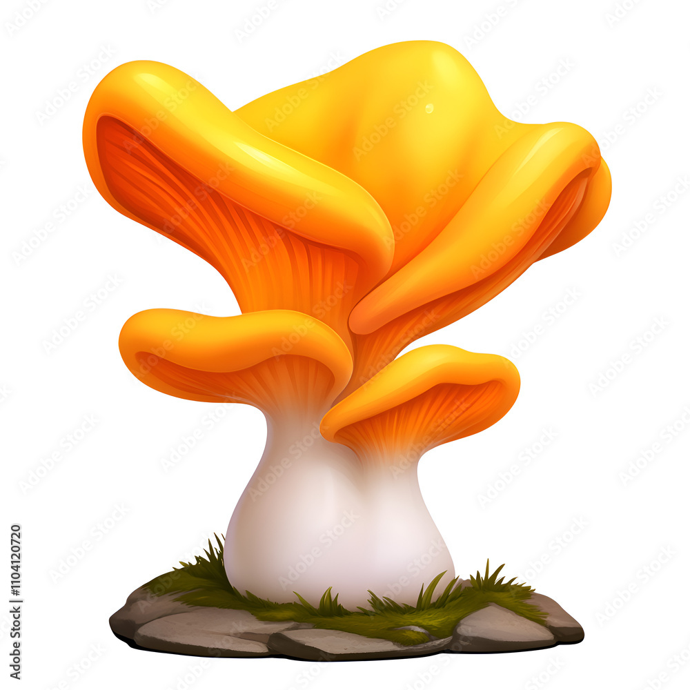 Bright yellow mushroom stands prominently on a grassy rock surface in a whimsical forest setting