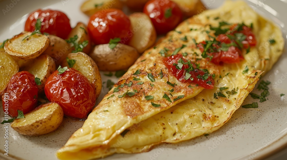 a plate with an omelet, potatoes, and tomatoes The plate is white and the food is arranged in an aesthetically pleasing way The potatoes are golden and the tomato a plate with an omelet, potatoes, and tomatoes The plate is white and the food is arranged in an aesthetically pleasing way The potatoes are golden and the tomato