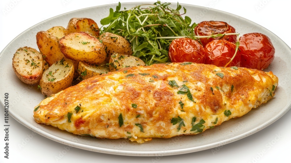 a white plate topped with an omelet, potatoes, and tomatoes The plate is filled with a golden-brown omelette, the potatoes are lightly seasoned and the tomatoes ar a white plate topped with an omelet, potatoes, and tomatoes The plate is filled with a golden-brown omelette, the potatoes are lightly seasoned and the tomatoes ar