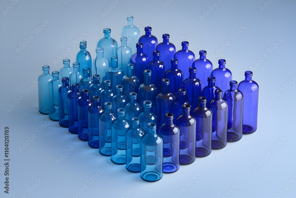 Environmental consideration recycling concept. Colorful glass bottles arranged in a gradient pattern. Environmental consideration recycling concept. Colorful glass bottles arranged in a gradient pattern.