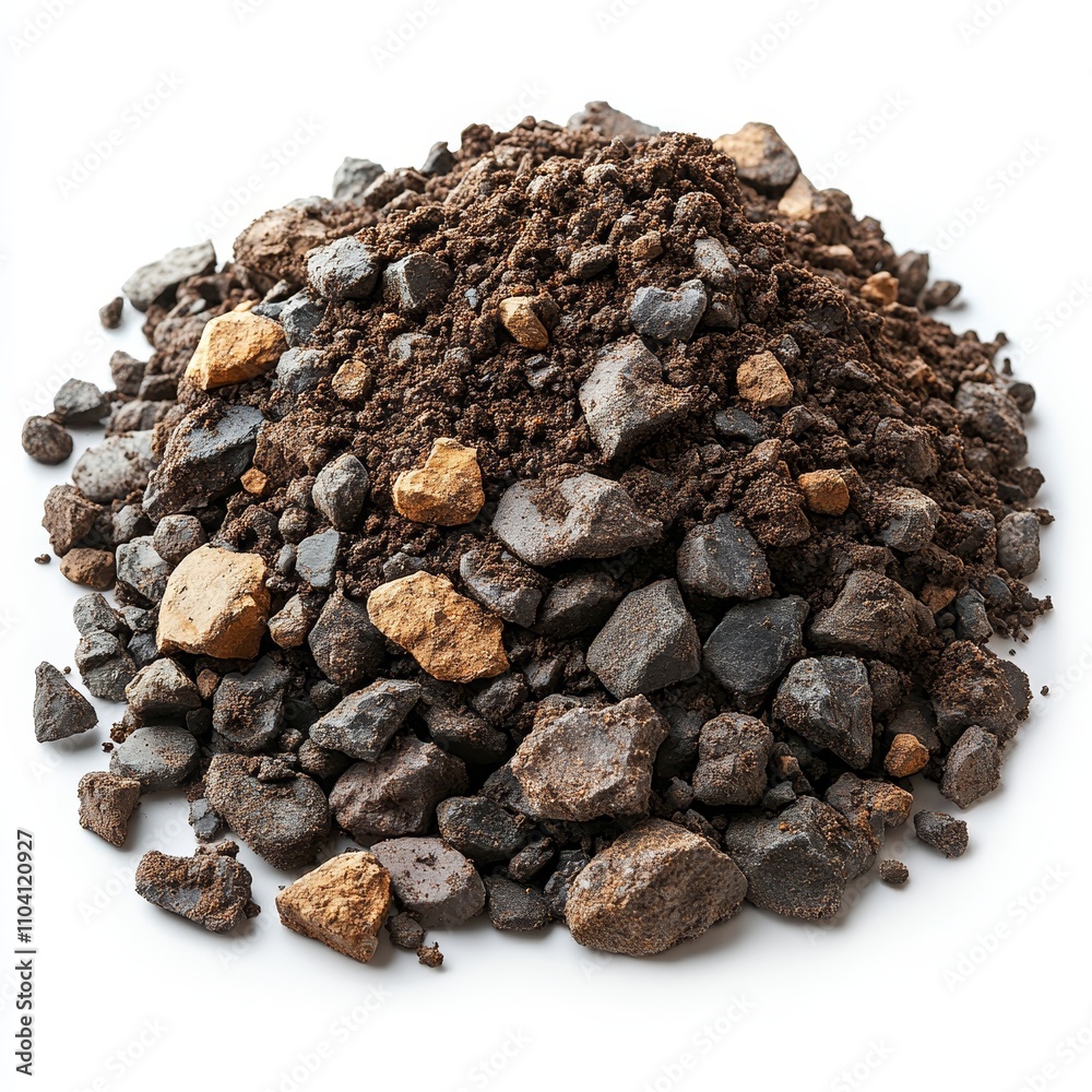 A mound of earthy clay-rich soil mixed with small stone fragments and organic textures naturally arranged on a white backdrop, Photorealistic A mound of earthy clay-rich soil mixed with small stone fragments and organic textures naturally arranged on a white backdrop, Photorealistic