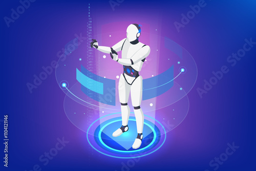 Isometric AI Artificial Intelligence. Artificial intelligence enables robots to master data processing for business analytics. They detect trends, generate insights, and support strategic planning.