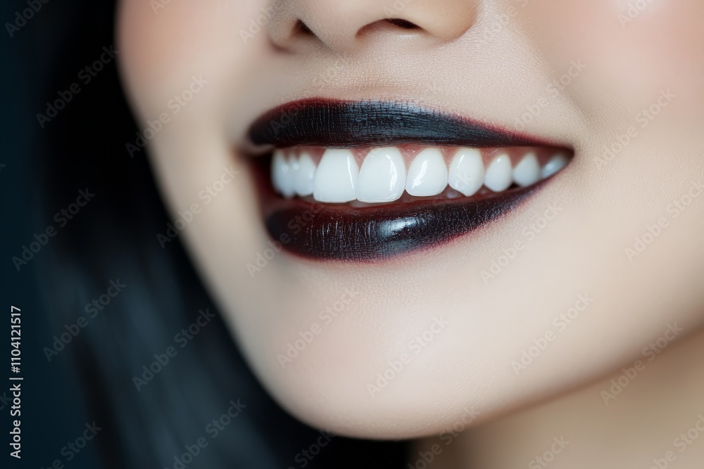 Fototapeta premium Close-up of a woman's smile, showcasing dark, bold lipstick and bright white teeth, emphasizing the striking contrast and feeling of confidence and allure.