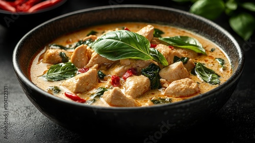  a bowl of Thai red curry with chicken and basil The bowl is black and the curry is a vibrant red color The chicken is cooked to perfection and the basil leaves ad