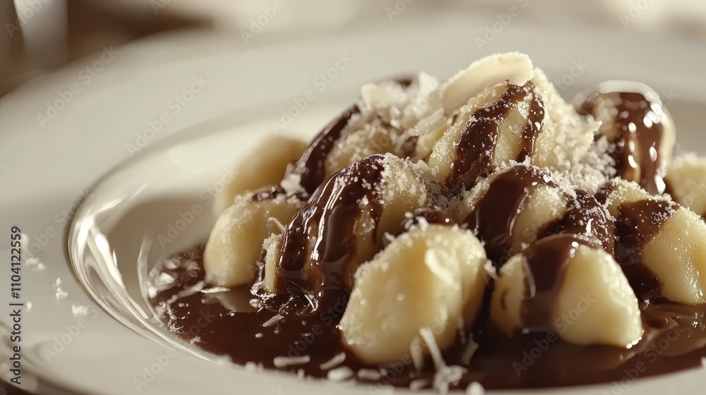 a white plate topped with gnocchi covered in a rich, dark chocolate sauce The background is slightly blurred, giving the plate and its contents the focus of the im a white plate topped with gnocchi covered in a rich, dark chocolate sauce The background is slightly blurred, giving the plate and its contents the focus of the im