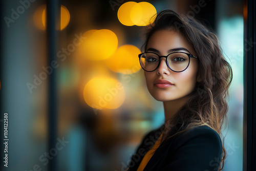 Beautiful girl in profile looking at camera with glasses.