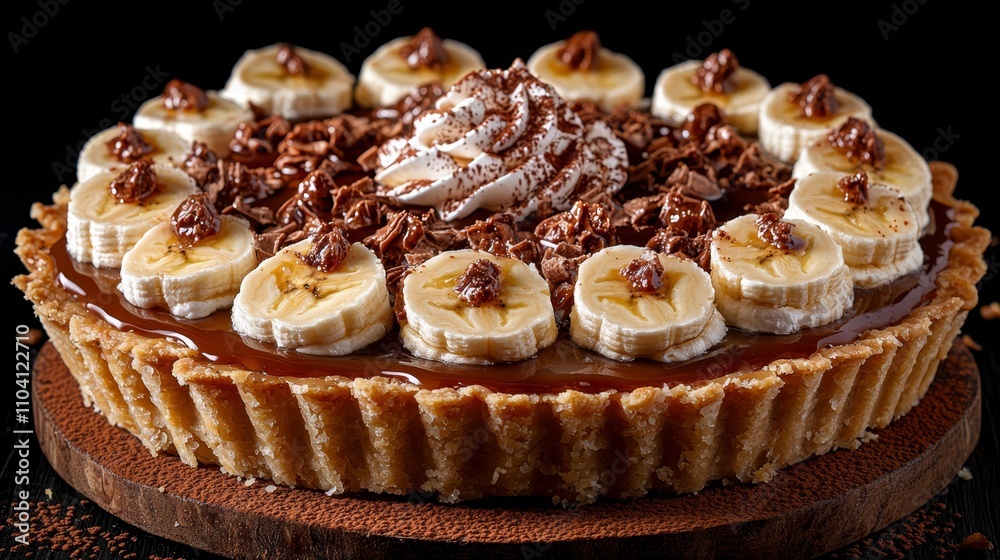 a delicious chocolate tart with bananas and whipped cream on top, sitting on a wooden plate The tart is a combination of brown and cream colors, and the background a delicious chocolate tart with bananas and whipped cream on top, sitting on a wooden plate The tart is a combination of brown and cream colors, and the background