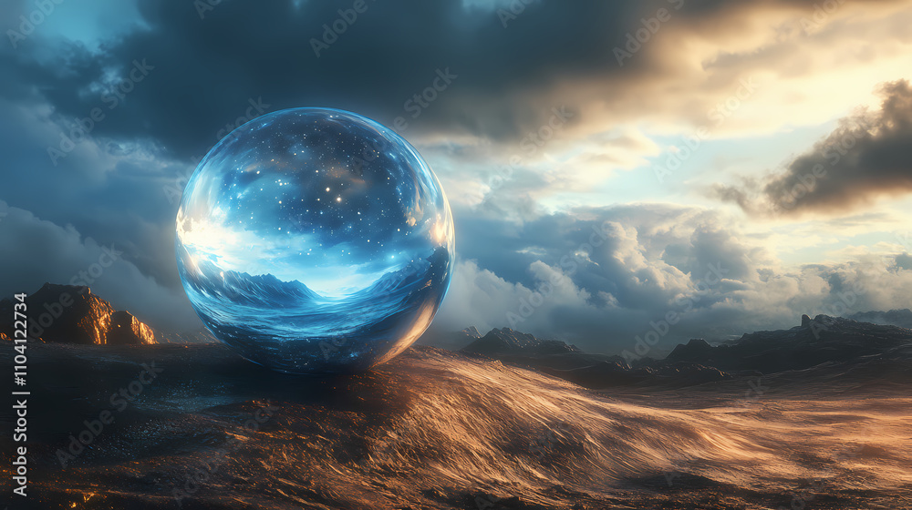 A crystalline orb, reflecting the light of distant stars, rests on a barren landscape, exuding an air of mystique and otherworldly beauty. mystique. illustration. Otherworldly. Illustration A crystalline orb, reflecting the light of distant stars, rests on a barren landscape, exuding an air of mystique and otherworldly beauty. mystique. illustration. Otherworldly. Illustration
