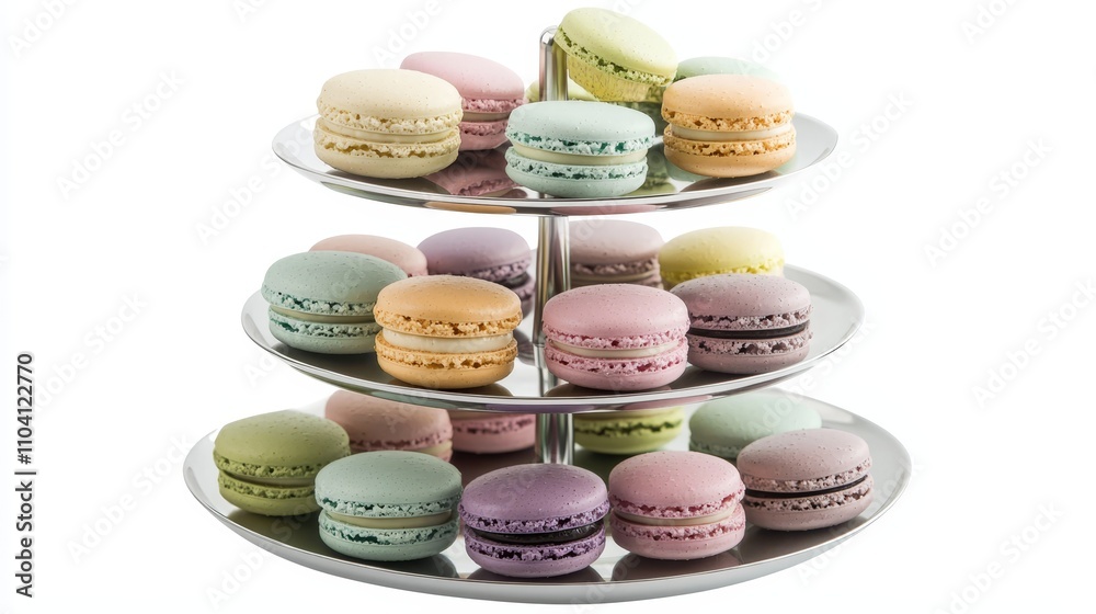 a three tiered cake stand with colorful macarons on it, set against a white background a three tiered cake stand with colorful macarons on it, set against a white background