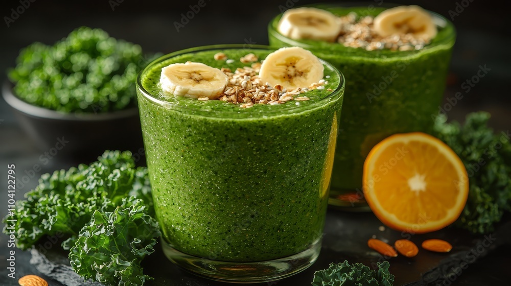  two glasses filled with a green smoothie made of kale, orange slices, and granola The smoothie is a vibrant green color and is topped with slices of orange and cru