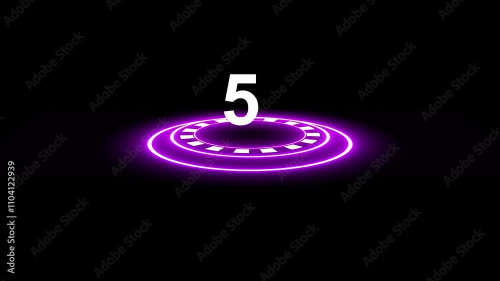 Neon bright glowing countdown timer from 10 to 0 seconds. Countdown from 10 to 0 ,glowing neon numbers with reflection on background ,neon numbers countdown with neon circle.