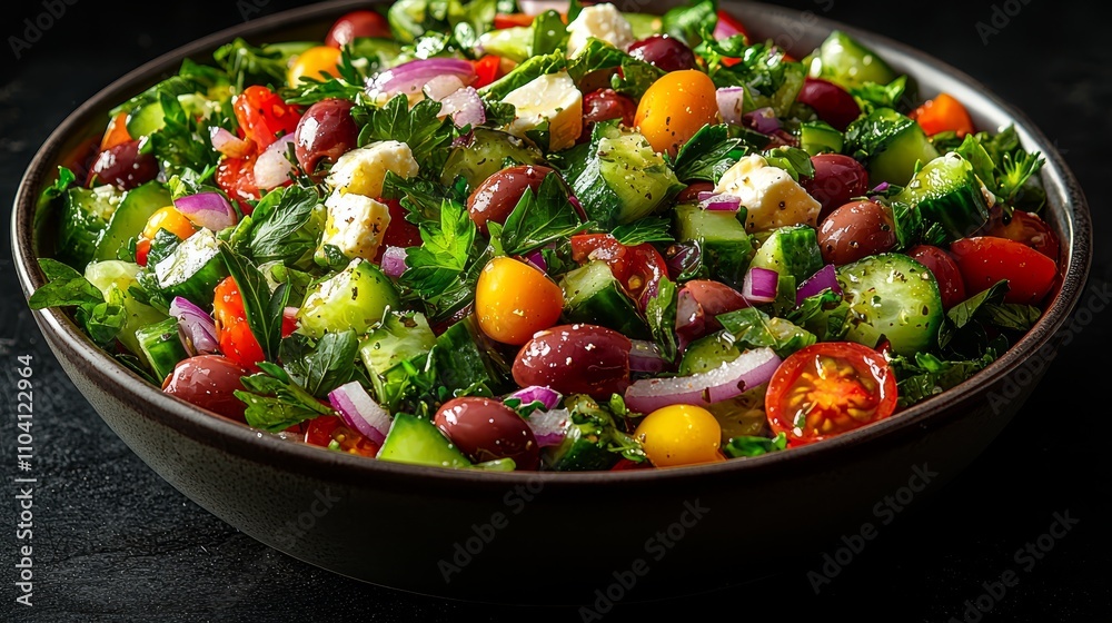 a bowl filled with a Greek salad on top of a table The salad is composed of various vegetables such as tomatoes, cucumbers, olives, and feta cheese, all tossed tog a bowl filled with a Greek salad on top of a table The salad is composed of various vegetables such as tomatoes, cucumbers, olives, and feta cheese, all tossed tog