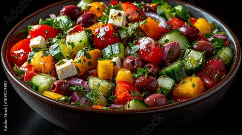  a bowl filled with a colorful Greek salad of tomatoes, cucumbers, olives, and feta cheese, set against a dark background