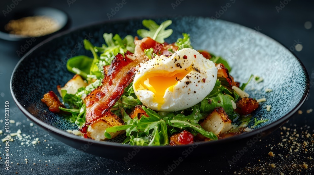 a black plate topped with a salad of arugula, bacon, and a poached egg The plate is sitting on a table, and there is a bowl beside it a black plate topped with a salad of arugula, bacon, and a poached egg The plate is sitting on a table, and there is a bowl beside it