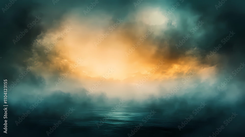 Naklejka premium A dense fog rolls in from the horizon, shrouding the landscape in an eerie veil of mist that glows with an otherworldly light. illustration, minimalism,. Otherworldly. Illustration