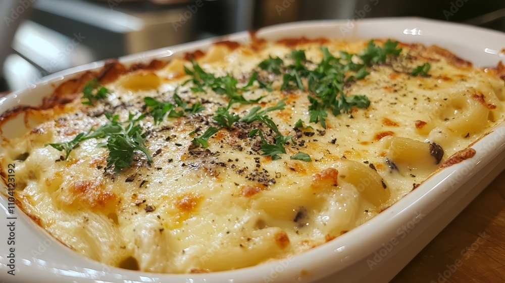 a casserole dish filled with pasta and cheese on top of a wooden table, with a blurred background a casserole dish filled with pasta and cheese on top of a wooden table, with a blurred background