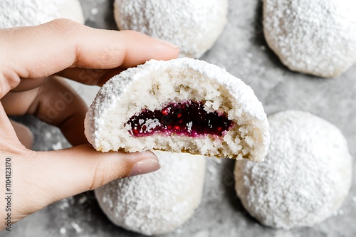 A hand holding a powdered sugar-coated cookie with a jam filling, showcasing its interior.