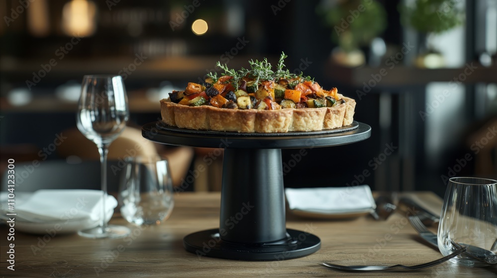 a table with a pie sitting on top of it, surrounded by glasses, plates, spoons, forks, and napkins The background is slightly blurred, giving the focus to the tabl a table with a pie sitting on top of it, surrounded by glasses, plates, spoons, forks, and napkins The background is slightly blurred, giving the focus to the tabl