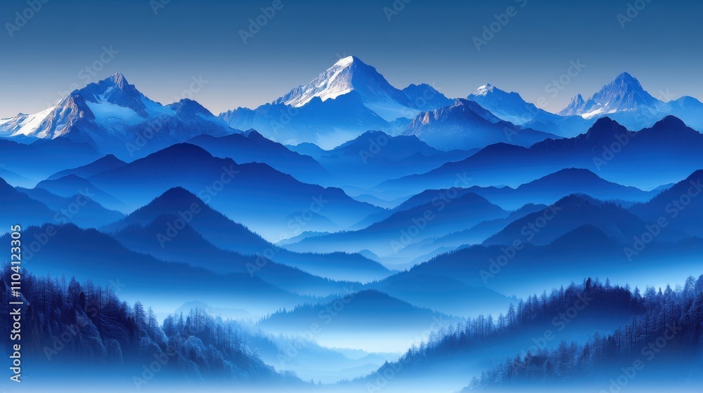 A serene mountain landscape in shades of blue, evoking tranquility and natural beauty. A serene mountain landscape in shades of blue, evoking tranquility and natural beauty.